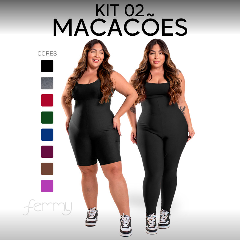 KIT PLUS SIZE 2 Macacões Fitness Longo Curto - Zero Transparência Bojo Removível Academia Feminino