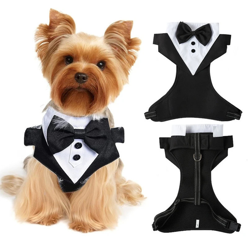 Cavalheiro Smoking Cão Arnês Pet Aniversário Roupa De Casamento Traje Formal Malha Colete Com Gravata Borboleta Para Cãe