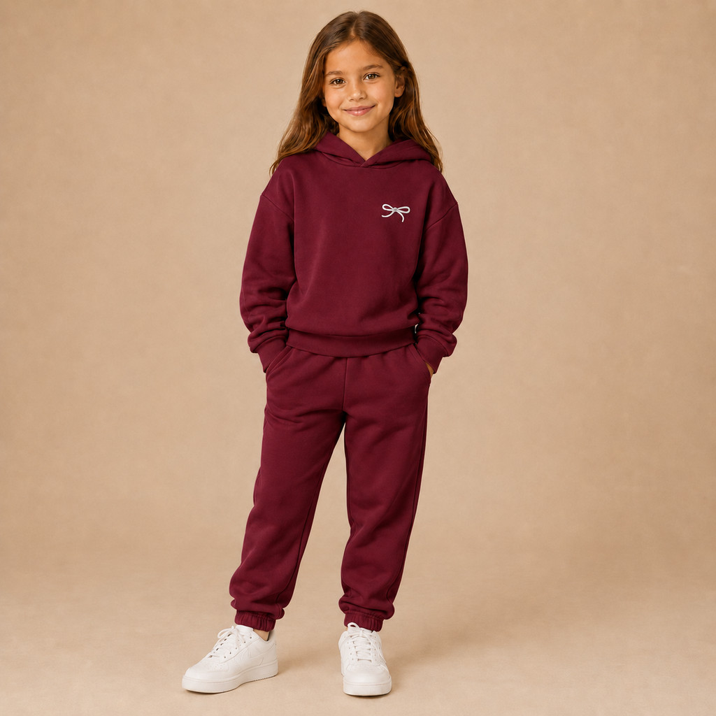 Conjunto Infantil Feminino Moletom Com Capuz e Calça Jogger Laço Estampado Frio Inverno Delicado Minimalista