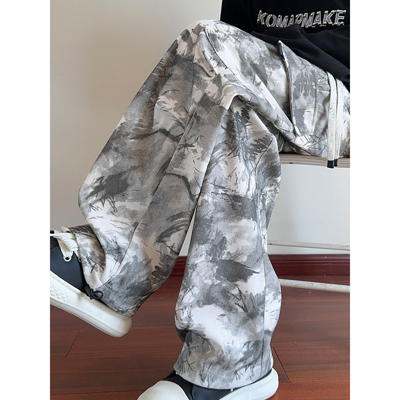 Primavera outono tinta Tie-Dye camuflagem macacão masculino veludo solto em linha reta Casual calças compridas calças es