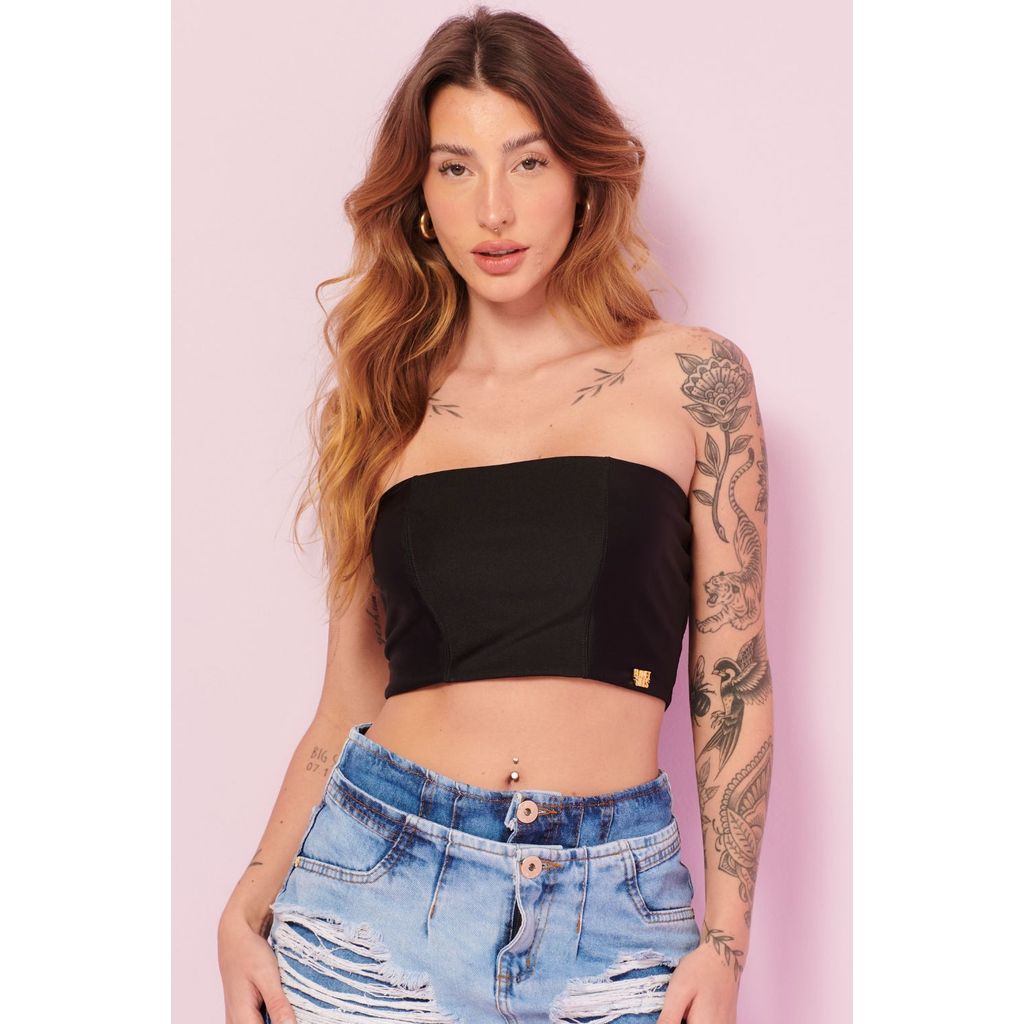 Top Faixa Up Glam Decote Reto Planet Girls Preto