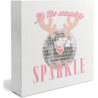Placa de Madeira de Natal, Placas de Madeira de Natal com Bola de Discoteca e Rena, Estilo Retrô, para Decoração de Mesa