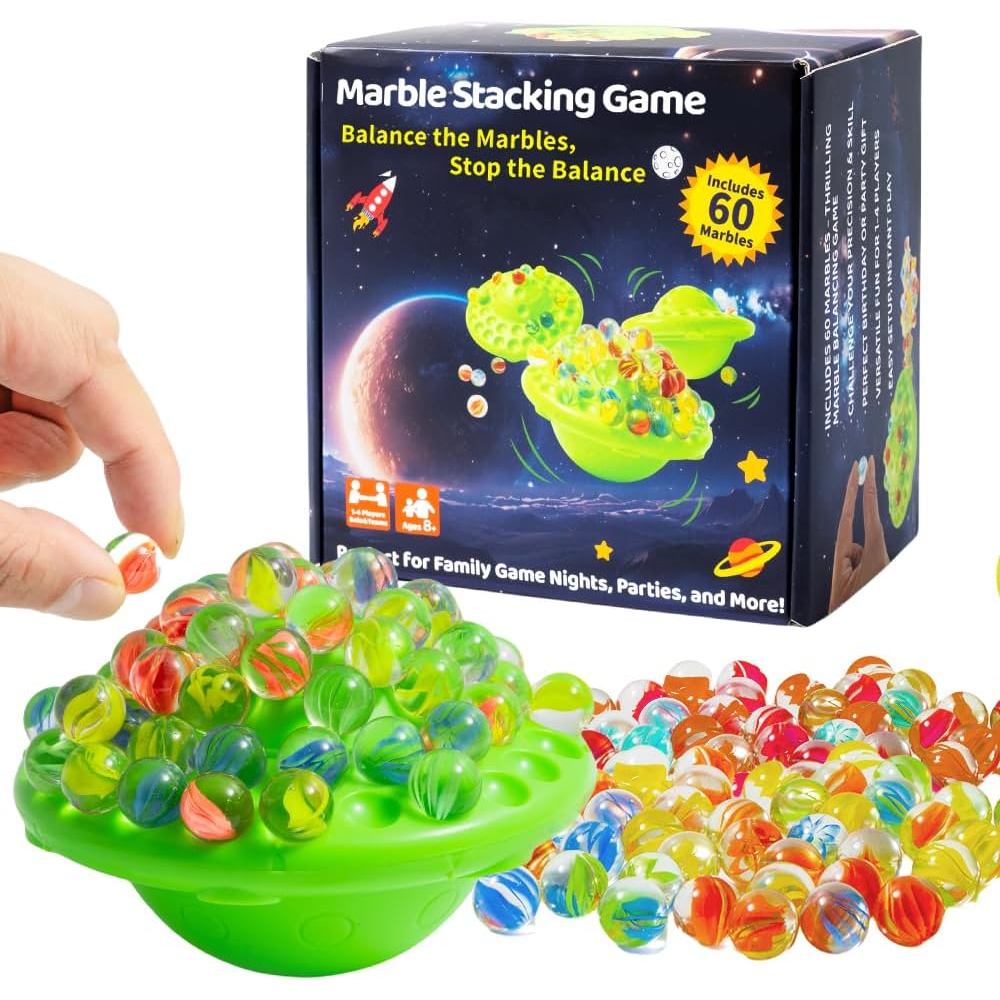 Marbles Balance Game for Kids - 60 Colorful Marbles Built-in Storage, Fun Family Party Games,Challenge Board Games for K