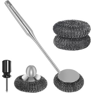Conjunto de Esponjas de Lã de Aço Inoxidável, uma escova de lavar louça com cabo e uma escova de lã de aço de cabo longo