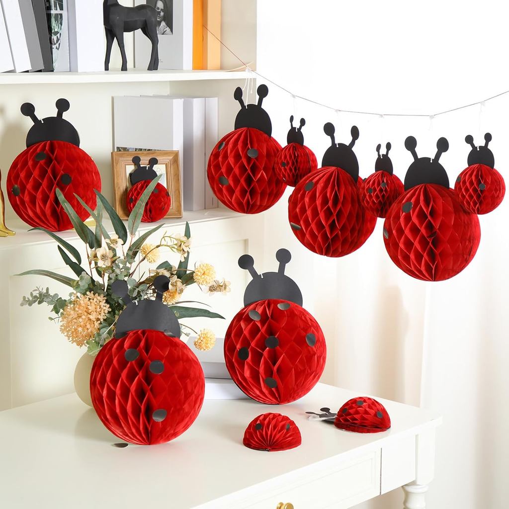12 Pcs Ladybug Birthday Party Decorations Hanging 3D Ladybug Hanging Banner Lady Bug Honeycomb Centerpieces Swirls for B