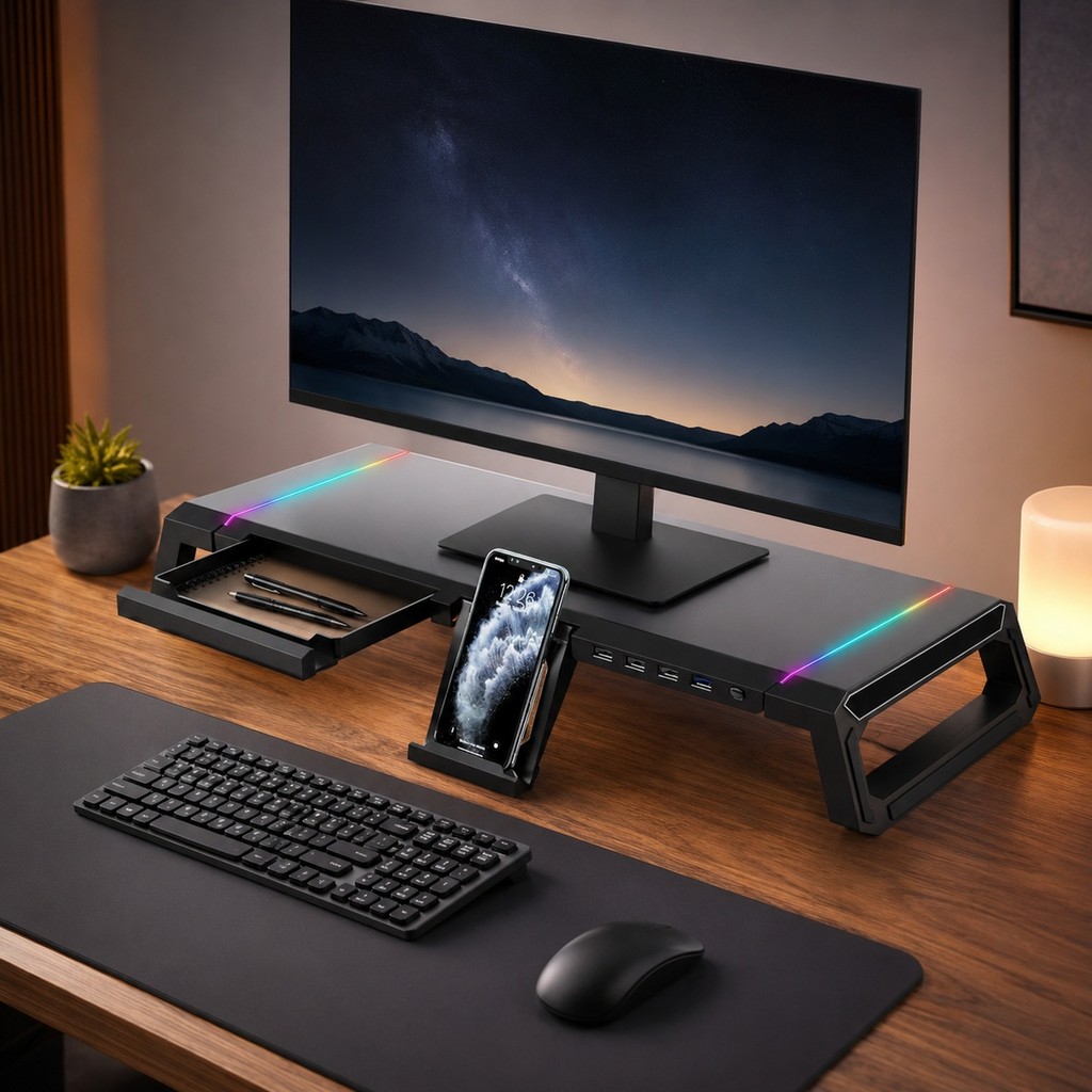 Base Monitor Gamer com LED RGB Hub USB 4 Portas Suporte Celular Organizador Escritório AIO-2765 MKII