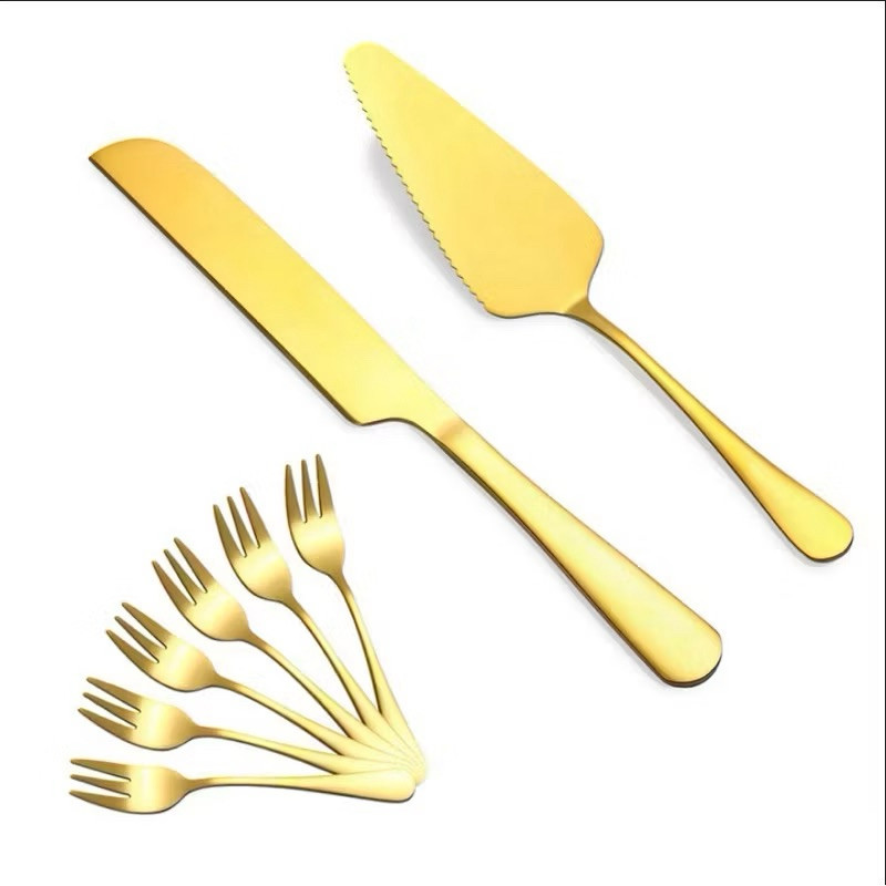 Conjunto Pá e Faca Dourada Inox + Garfos Sobremesa Luxo Tortas Pizza Bolos Sobremesas