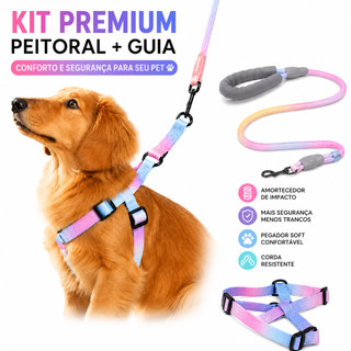 Peitoral Americano Ajustável + Guia Degradê Pet Cachorro Gato com Amortecedor Confortável