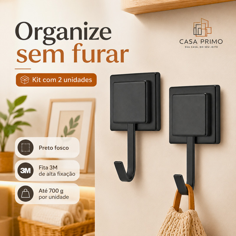 Kit 2 Ganchos Adesivos Preto Fosco 3M Sem Furo Para Toalha Banheiro Cozinha Lavanderia Casa Primo