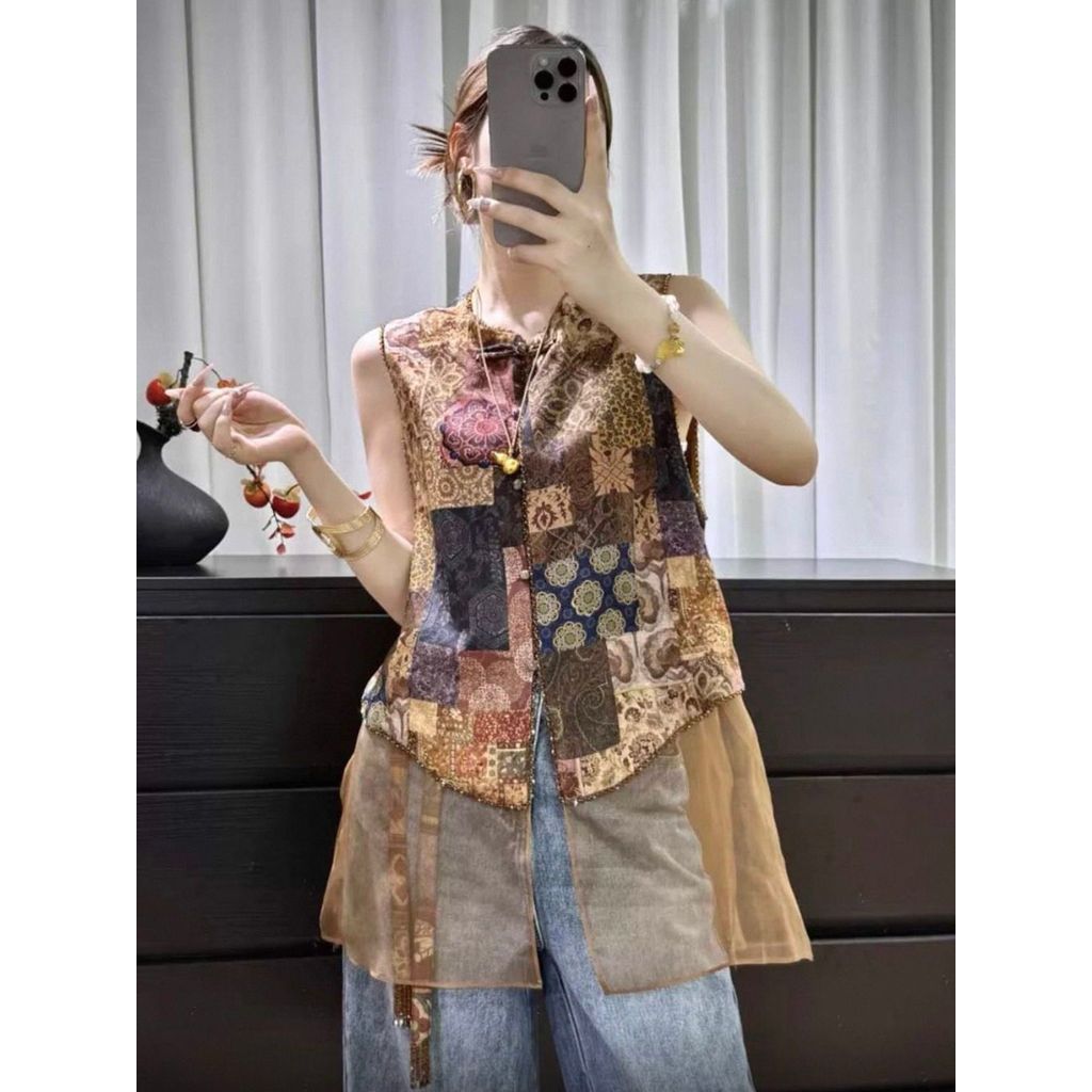 Verão novo estilo chinês indústria pesada costura Retro Jacquard colete 2026 estilo de dinheiro antigo elegante usar col