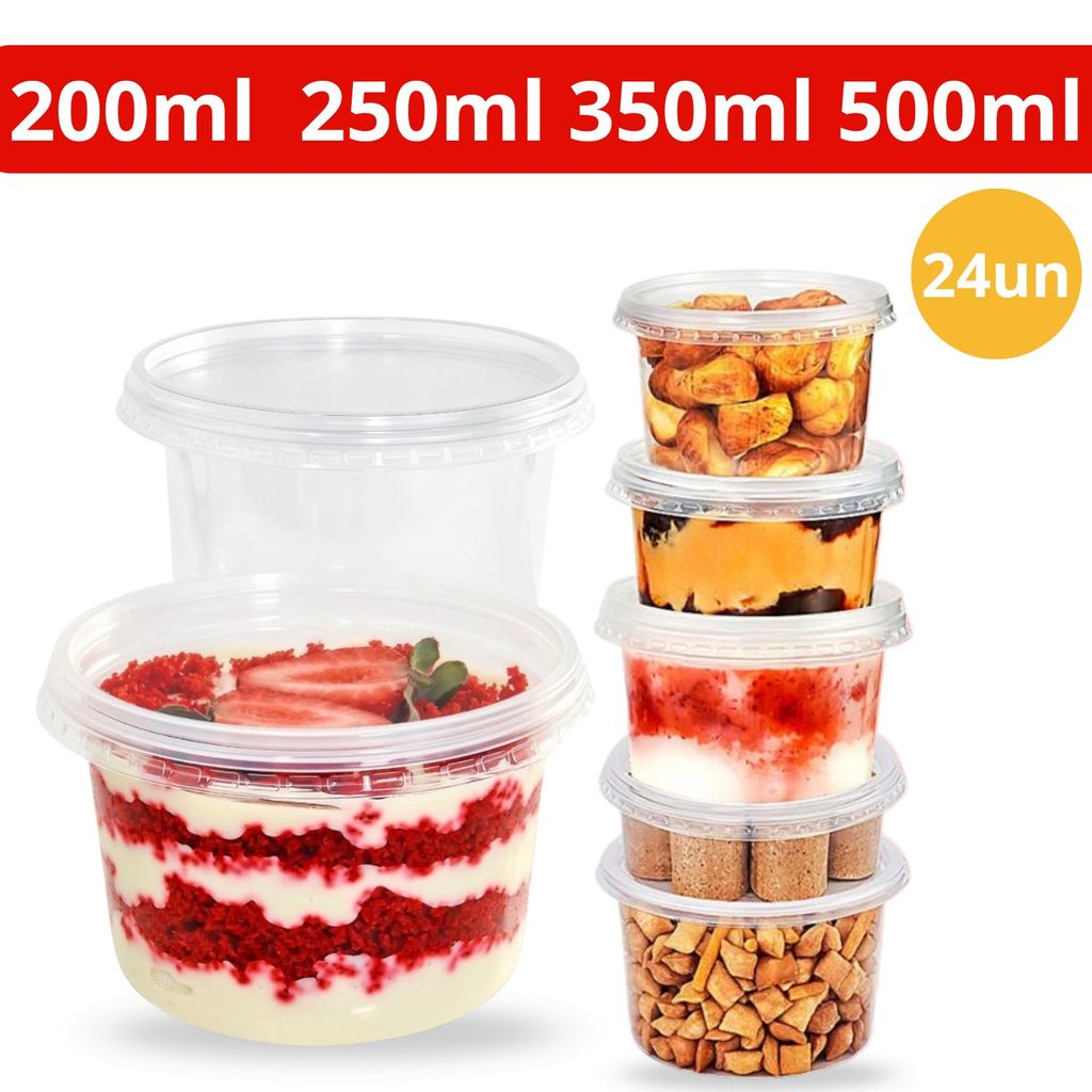 Pote Plástico Redondo Descartável com Tampa 200/250/350/500 ml 24Un P/Bolo de Pote Açaí Marmita - Freezer Microondas