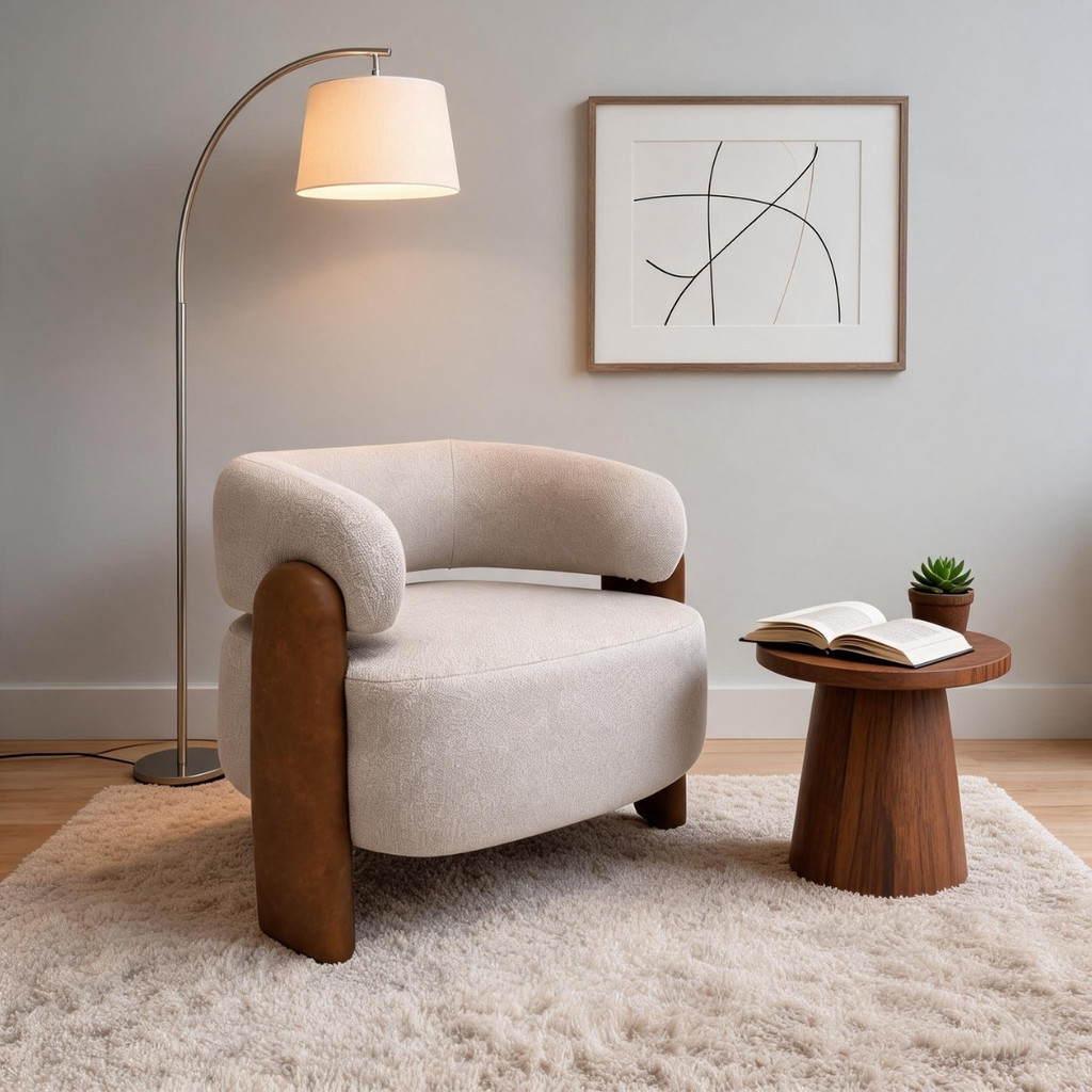 Poltrona Curva Orgânica Moderna linho Bege Corino Caramelo Linha Premium Sala Quarto Recepção Escritório Premium