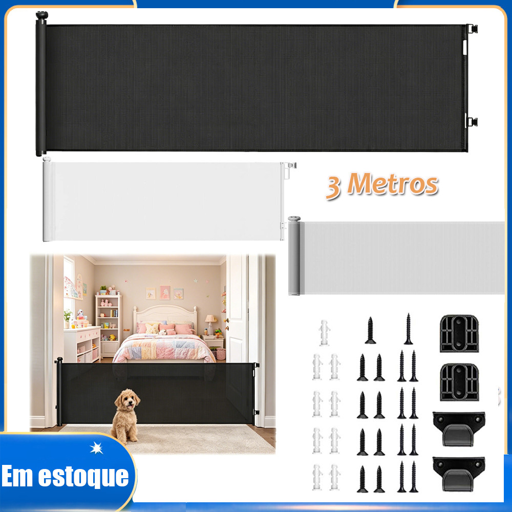 Portão Retrátil de Segurança para Pets Ajustável 1.5/3 metros Grade Protetora para Porta Escada Corredor Cães Gatos