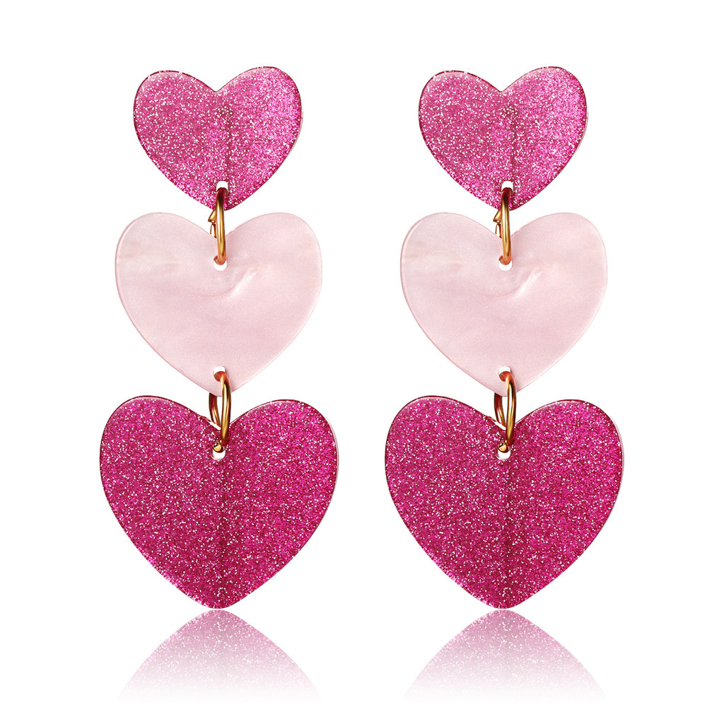 Brincos de amor rosa rosa amor três camadas em forma de coração brincos de coração acrílico dopamina brincos femininos