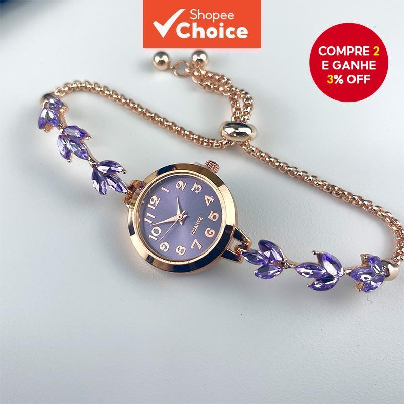  Relógio feminino elegante de quartzo com caixa de liga, mostrador clássico com algarismos arábicos, pulseira cravejada