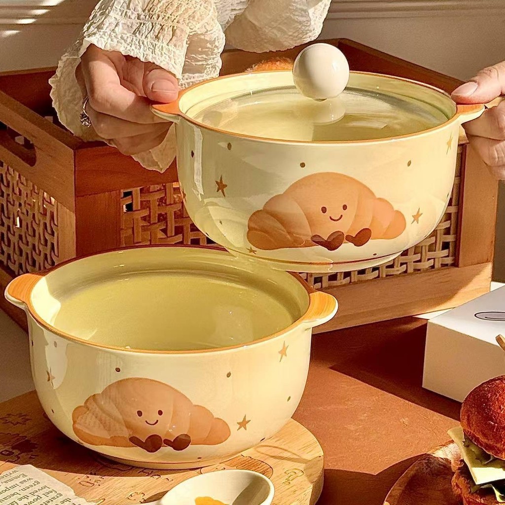 Tigela de cerâmica fofa para macarrão instantâneo com tampa para dormitórios de estudantes, tigela de macarrão prática,