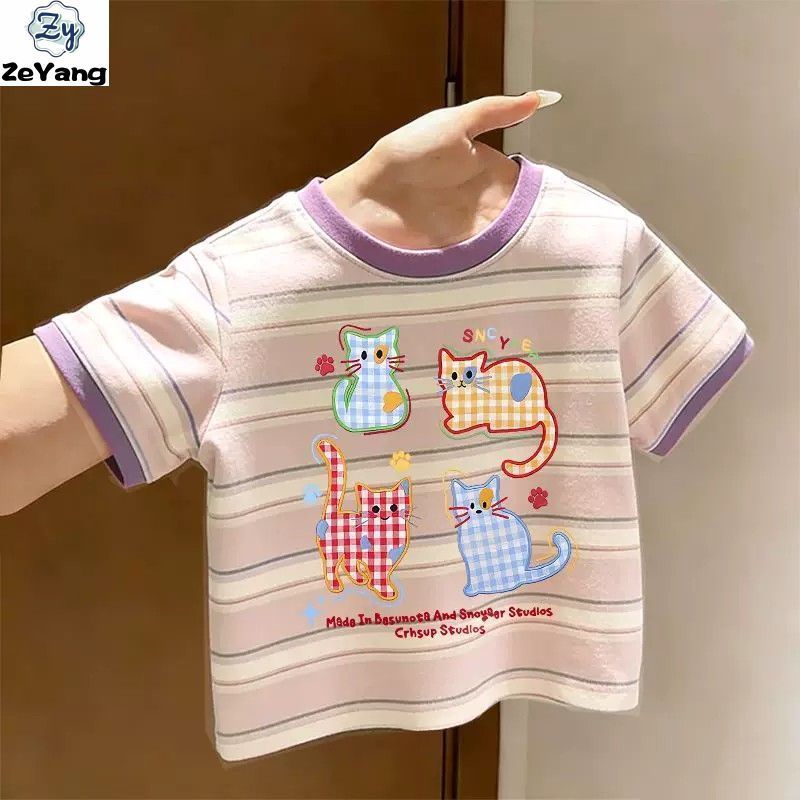 [ZY] 70-140 Camiseta infantil de algodão puro de manga curta listrada Casual camiseta bebê desenho animado camisa de fun