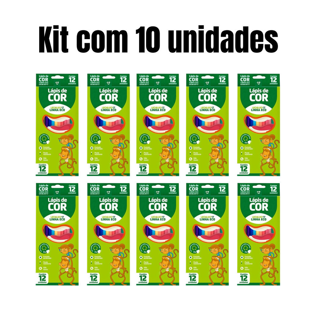 Kit 10 Caixas Lápis De Cor 12 Cores Pacote Atacado Escolar - Leo&Leo