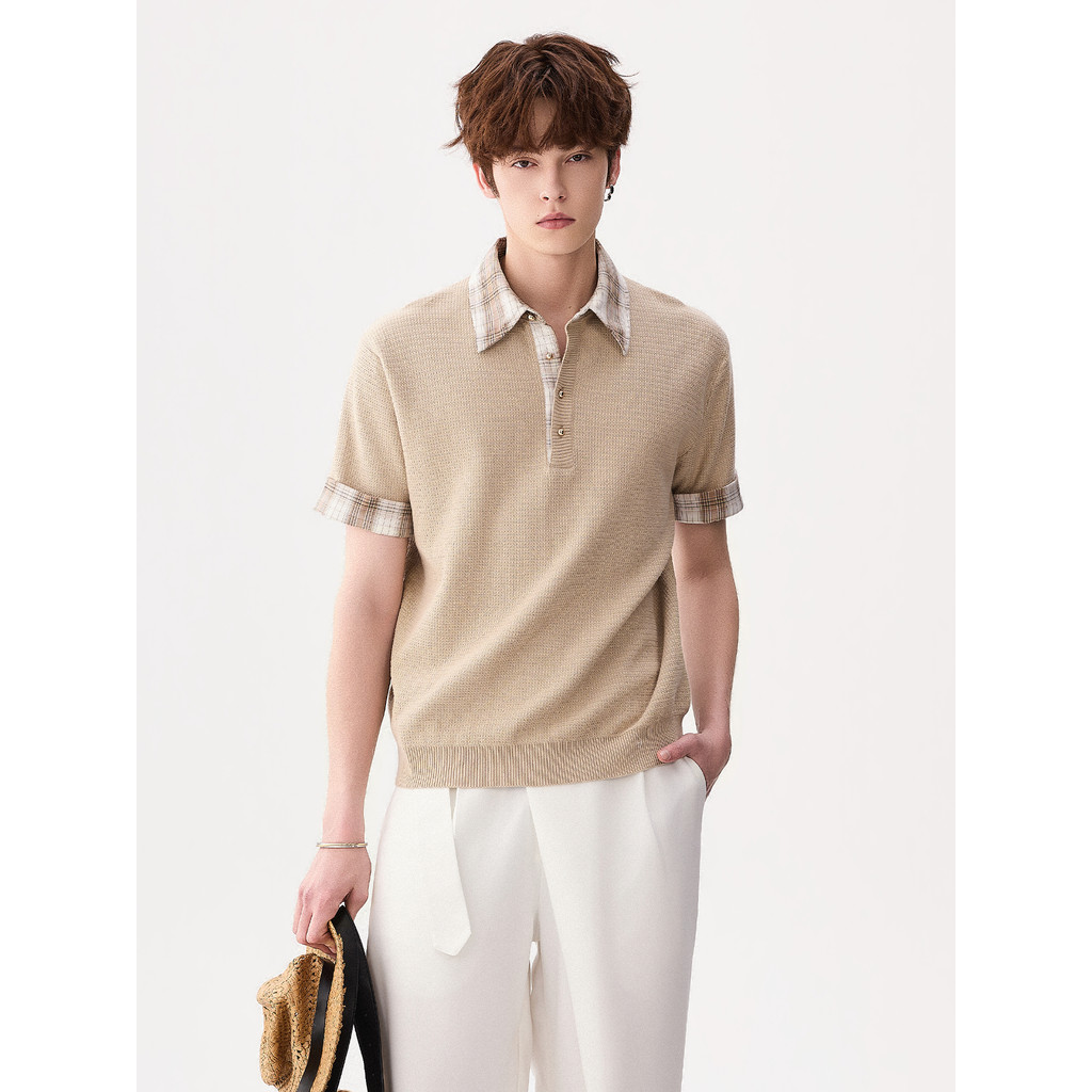 CHICERRO Sicilian Roupas Masculinas High-End Casual Retro Xadrez Costura Lapela Suéter Manga Curta Meninos Na Moda
