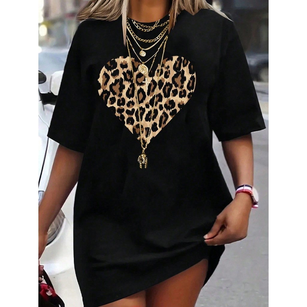 Tshirt Feminina Estilosa Estampada Coração Onça Lançamento Camiseta 100% Algodão Camisetão Camisa Oversized Plus Size Js