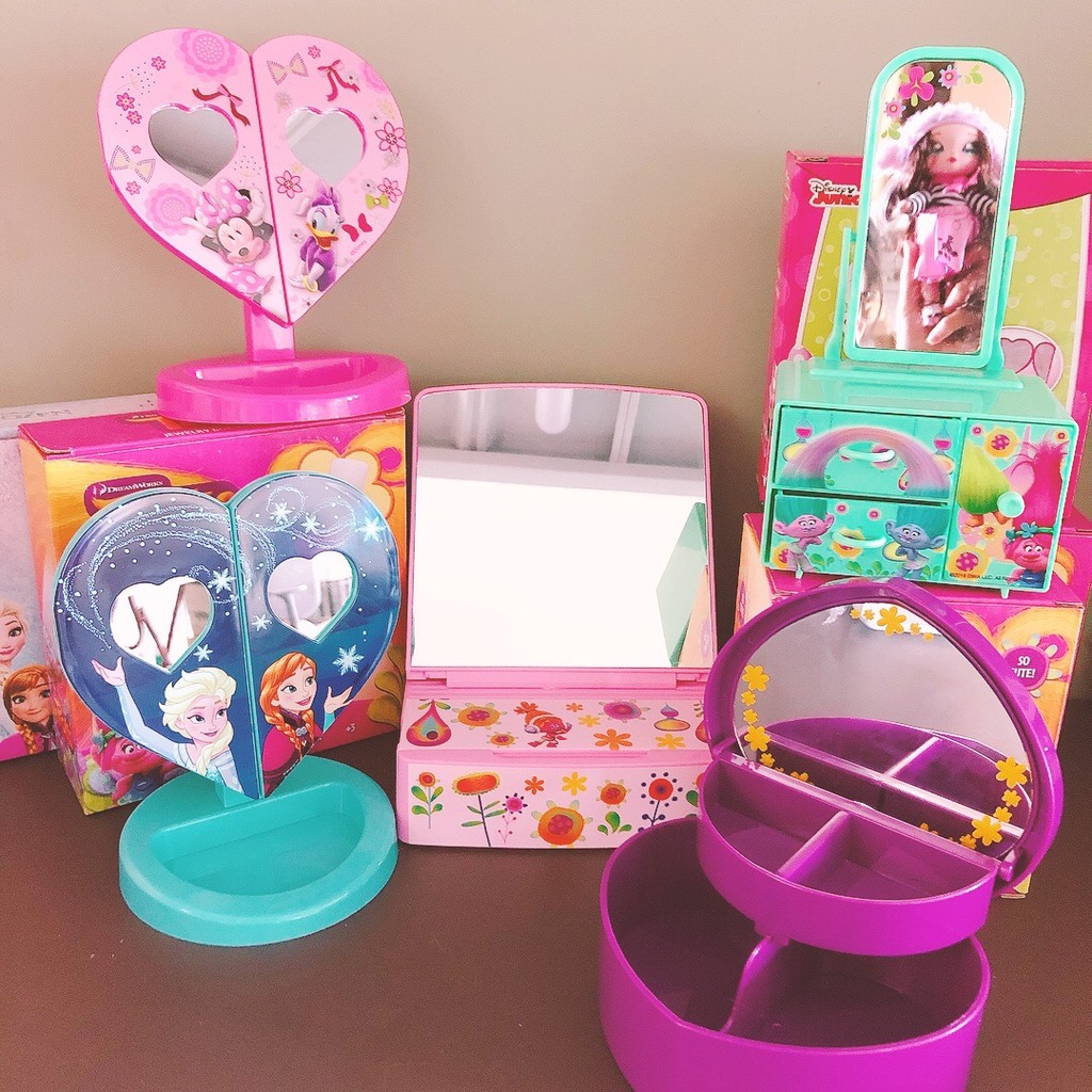Trolls espelho de maquiagem caixa de jóias brinquedo bonito caixa de armazenamento presente da menina jogar casa móveis