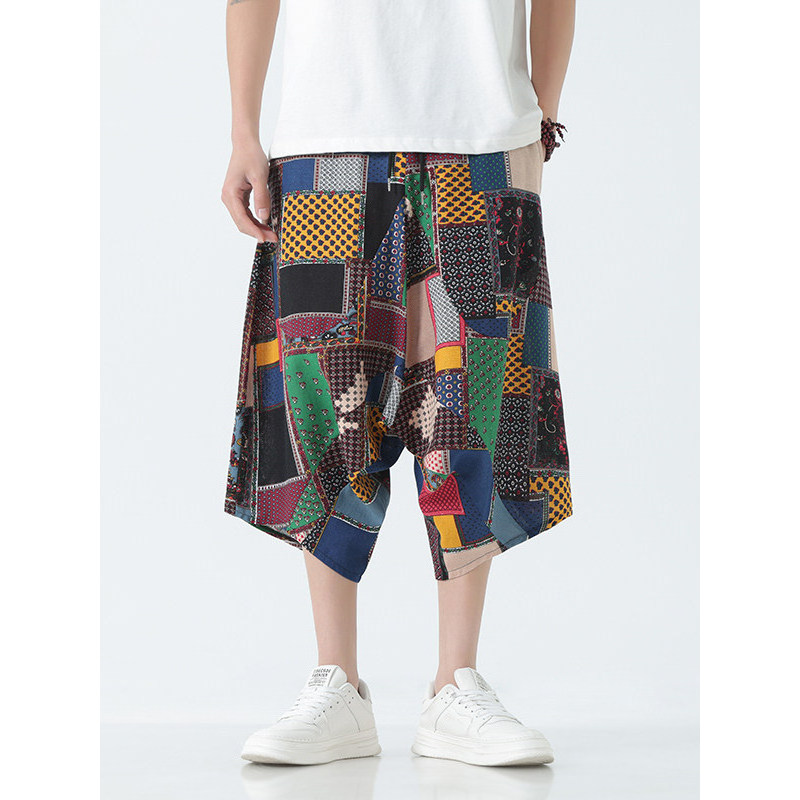 Verão fino flor calças cortadas masculinas estilo chinês solto tamanho grande baixo-End calças largas Retro estilo étnic
