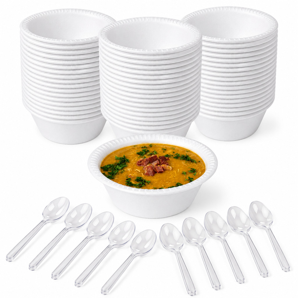 Kit 50 Potes de Isopor 300ml e Colher P/Sopas Caldos Térmico