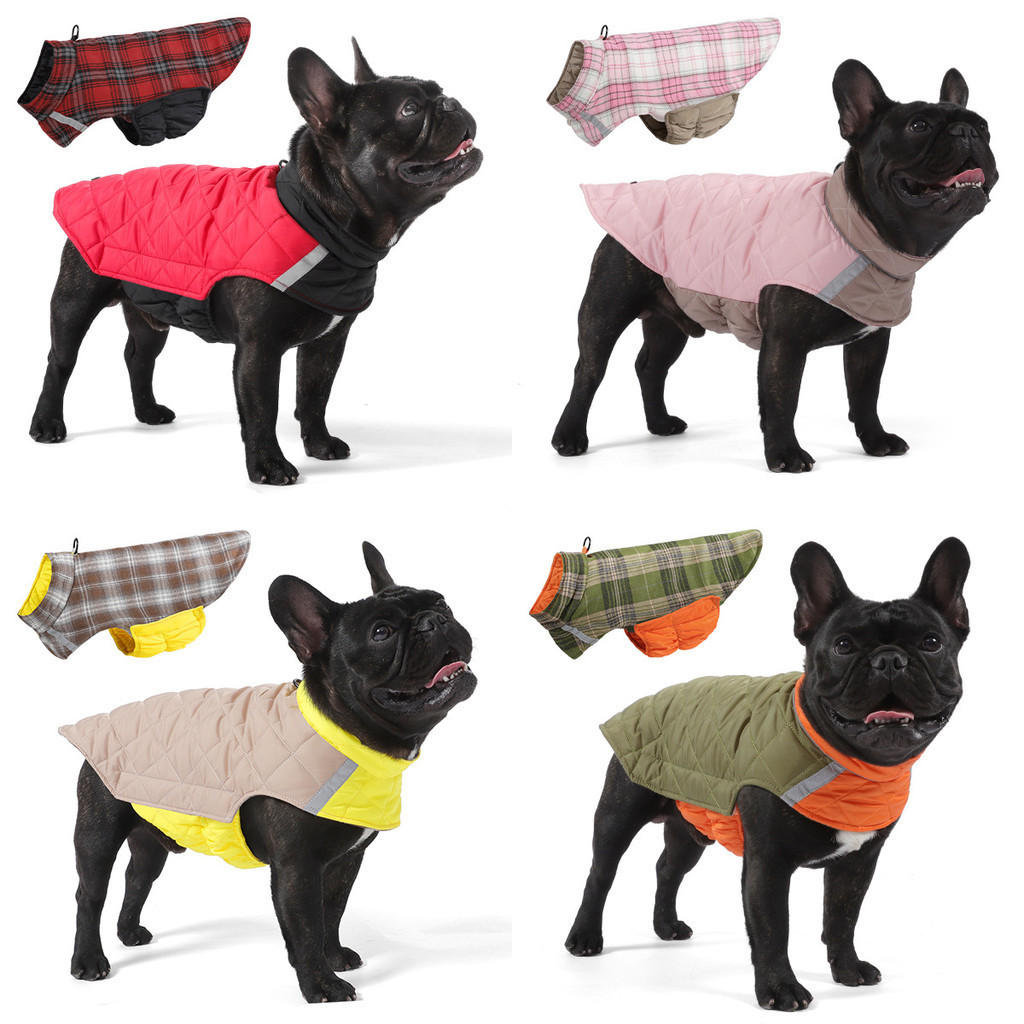 Casaco para cães mais vendido para o outono e inverno, casaco de dupla face com padrão xadrez refletivo, colete para cãe
