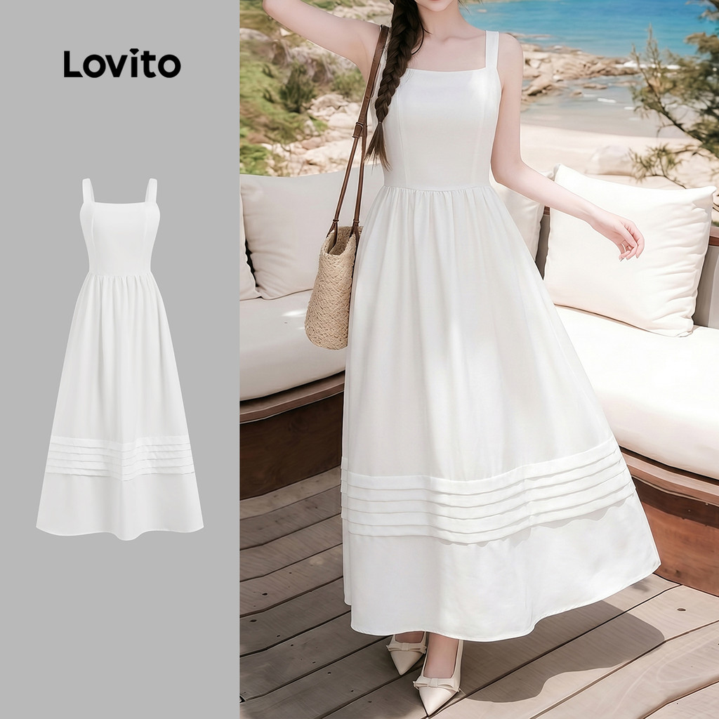 Lovito Vestido Boho com Zíper Branco Primavera/verão para Mulheres LK4LD1971