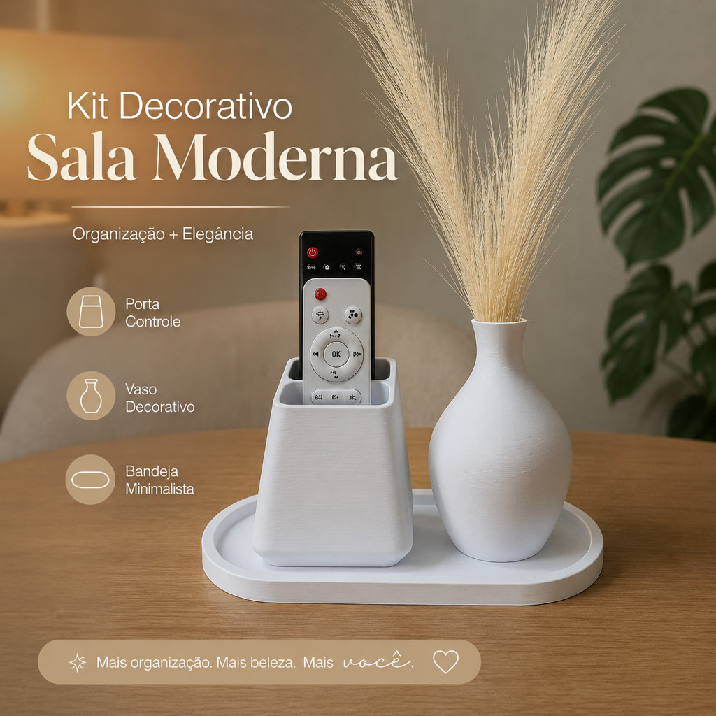 Kit Decorativo Sala Porta Controle + Bandeja + Vaso com Capim do Pampa | Organizador Moderno