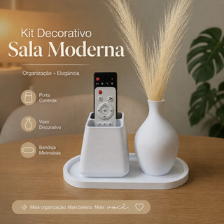 Kit Decorativo Sala Porta Controle + Bandeja + Vaso com Capim do Pampa | Organizador Moderno