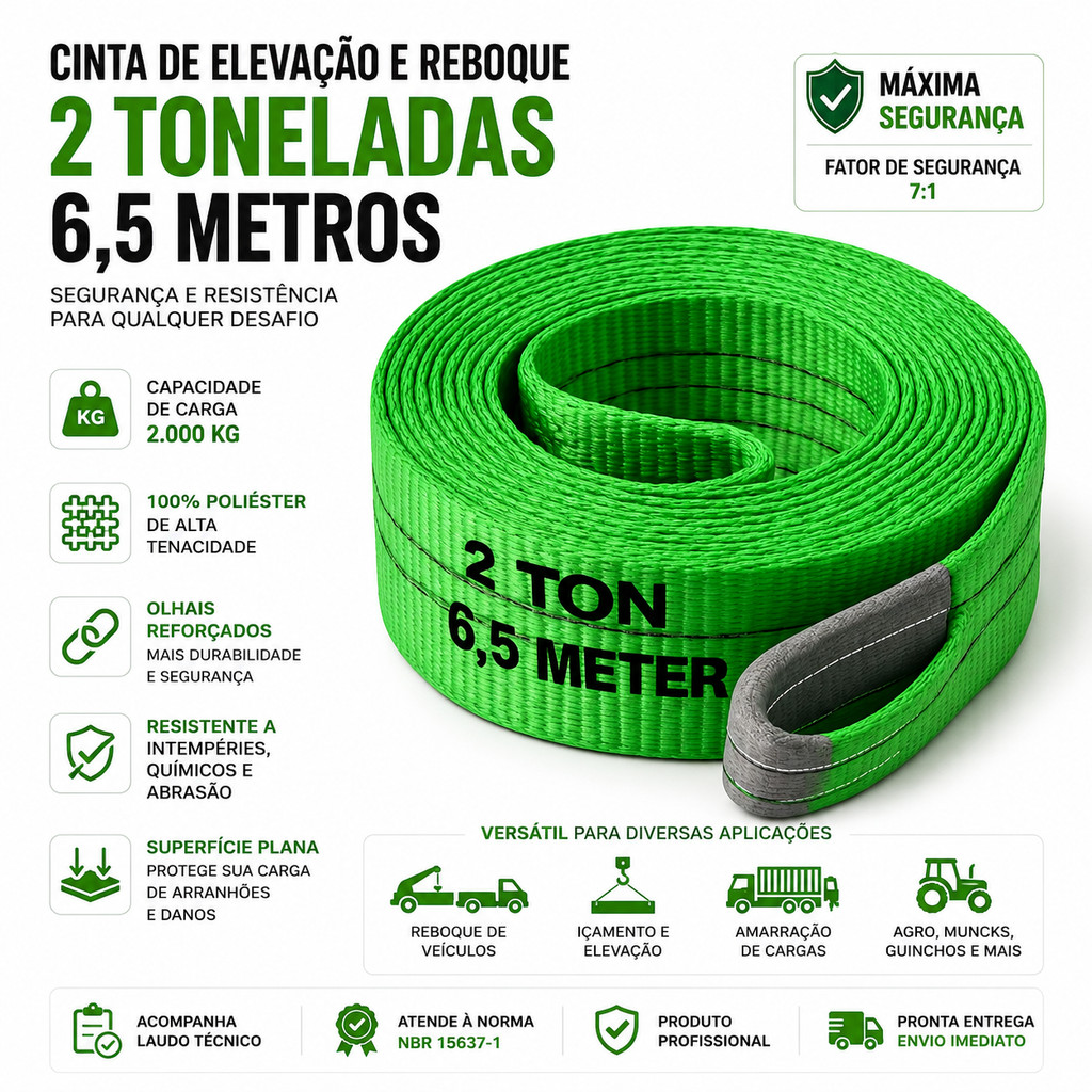 Cinta De Elevação De Carga E Reboque 2 Toneladas 6,5 Metros Verde