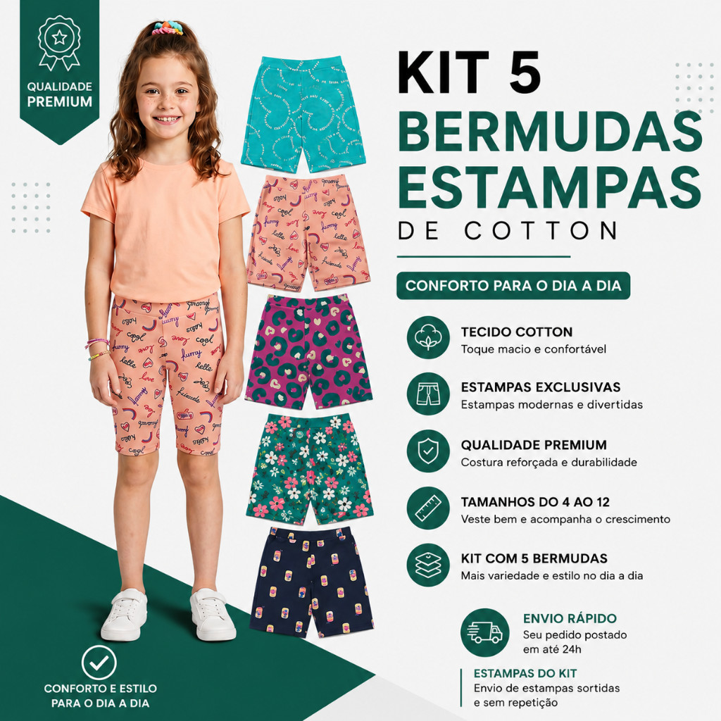 Kits Bermuda Ciclista - infantil menina de cotton - Estampas Variadas