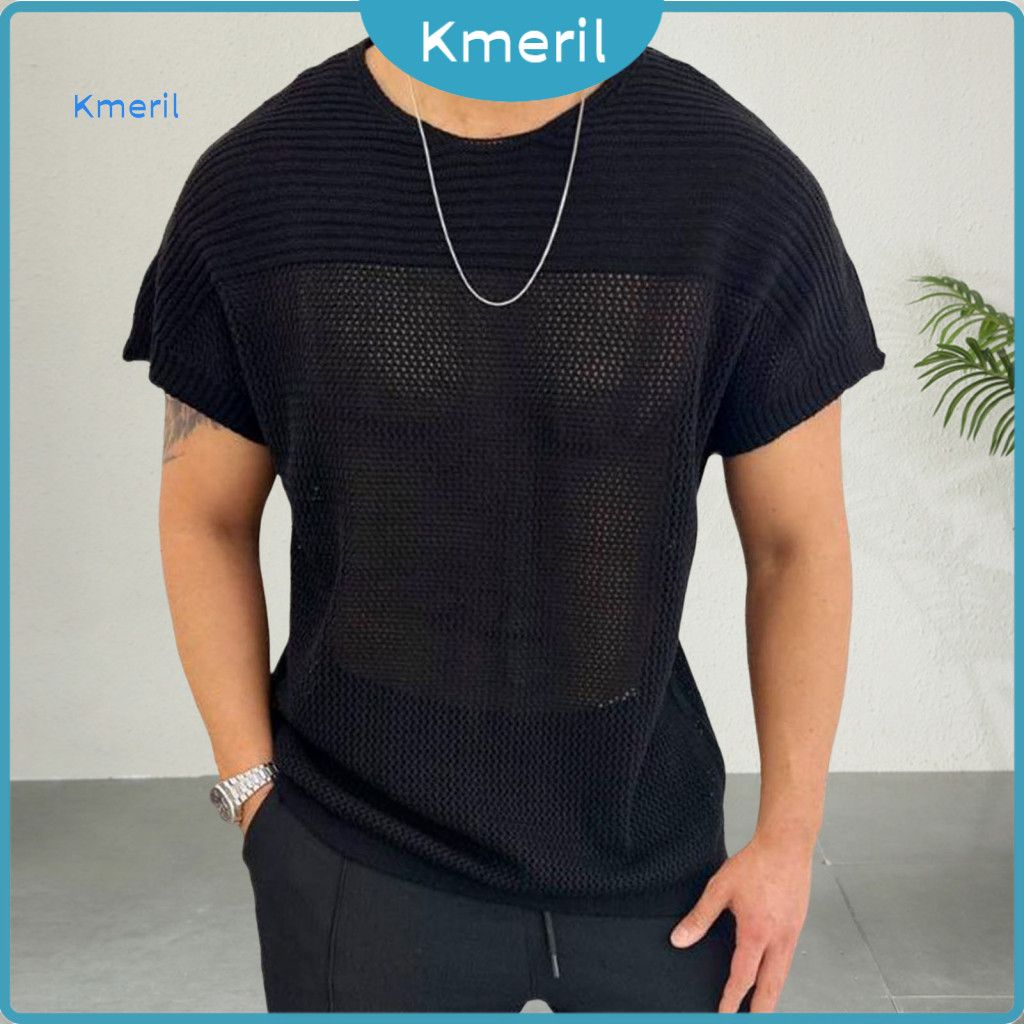 Men Tops Round Neck T-shirt Men’s Short Sleeve Solid Color Stitching Design Knitted Hollow Mesh Pullover Top – Light