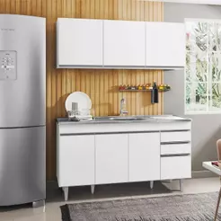 Armário Aéreo Argélia e Balcão Gabinete com Pia Inox Marrocos 150cm Branco - Lumil Móveis