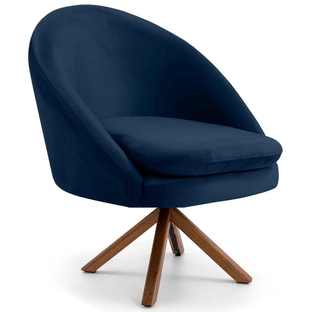 Poltrona Decorativa Base Giromad Madeira Rafa C-304 Veludo Azul Marinho - Domi