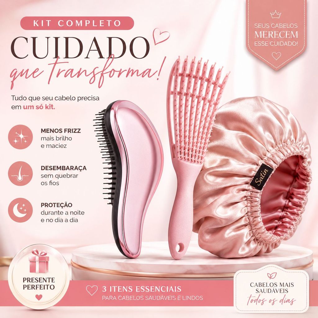Kit Escova Mágica + Escova Polvo + Touca de Cetim Anti Frizz