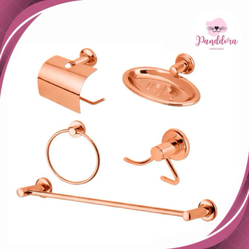 Kit Acessórios Banheiro 5 Peças RoseGold Stander Porta Toalha/Papeleira/Argola/Saboneteira/Cabide