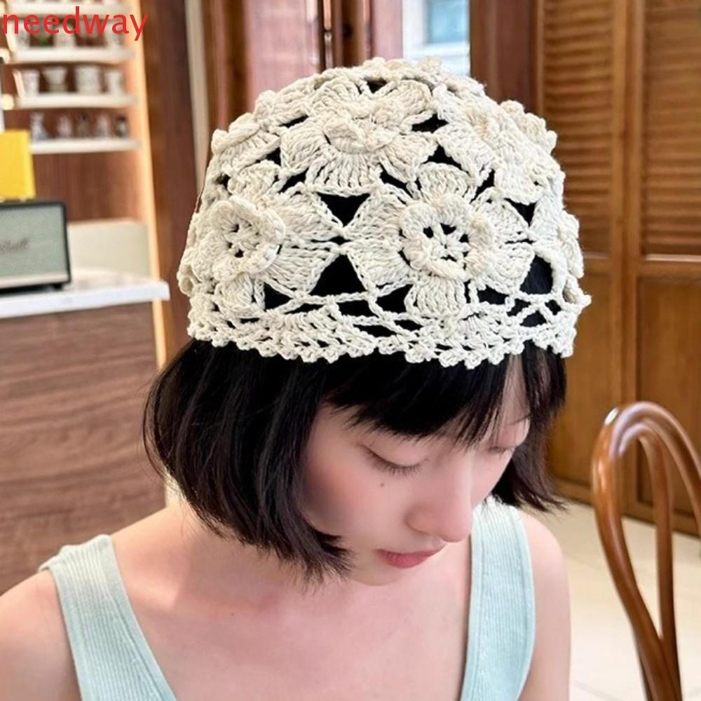 NEEDWAYB Chapéu De Malha De Flor De Crochê , Gorro Vazado Estilo Coreano Boêmio , Boné Tecido Feito À Mão