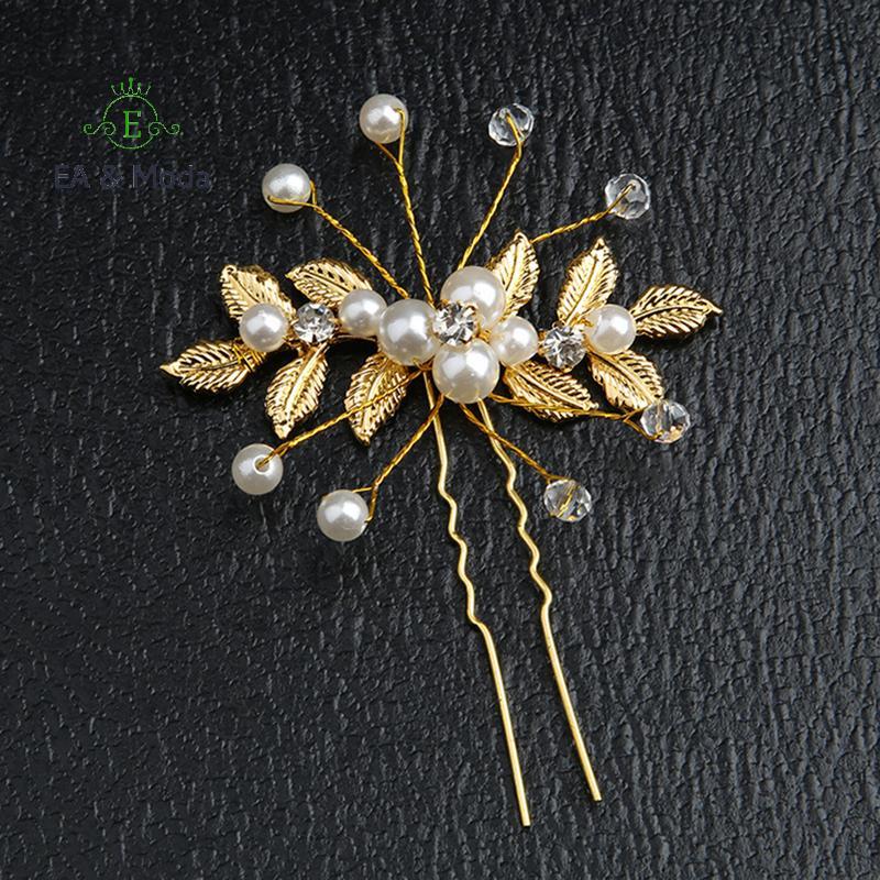 EA & Moda Cristal Pérola Flor Grampos De Cabelo Clipes Em Forma De U Grampo Folha De Ouro Garfo Cocar De Noiva Acessório