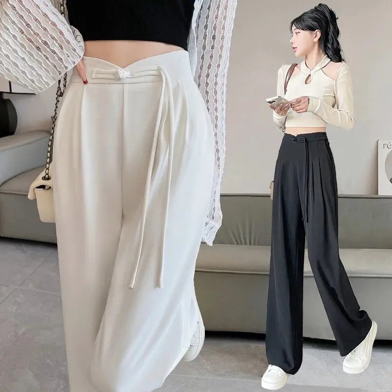 Preto primavera outono Design chinês Drape sentir cintura alta estilo chinês fivela de disco Casual terno reto calças so