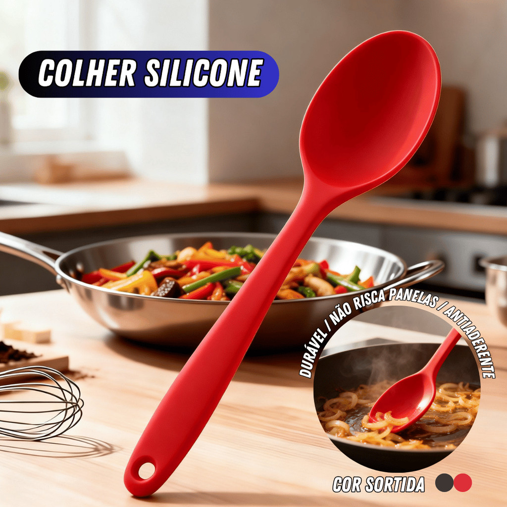 Colher Silicone Cozinha Antiaderente Grande Macia Durável Utensílio Seguro Material Alimentício Resistente Oferta