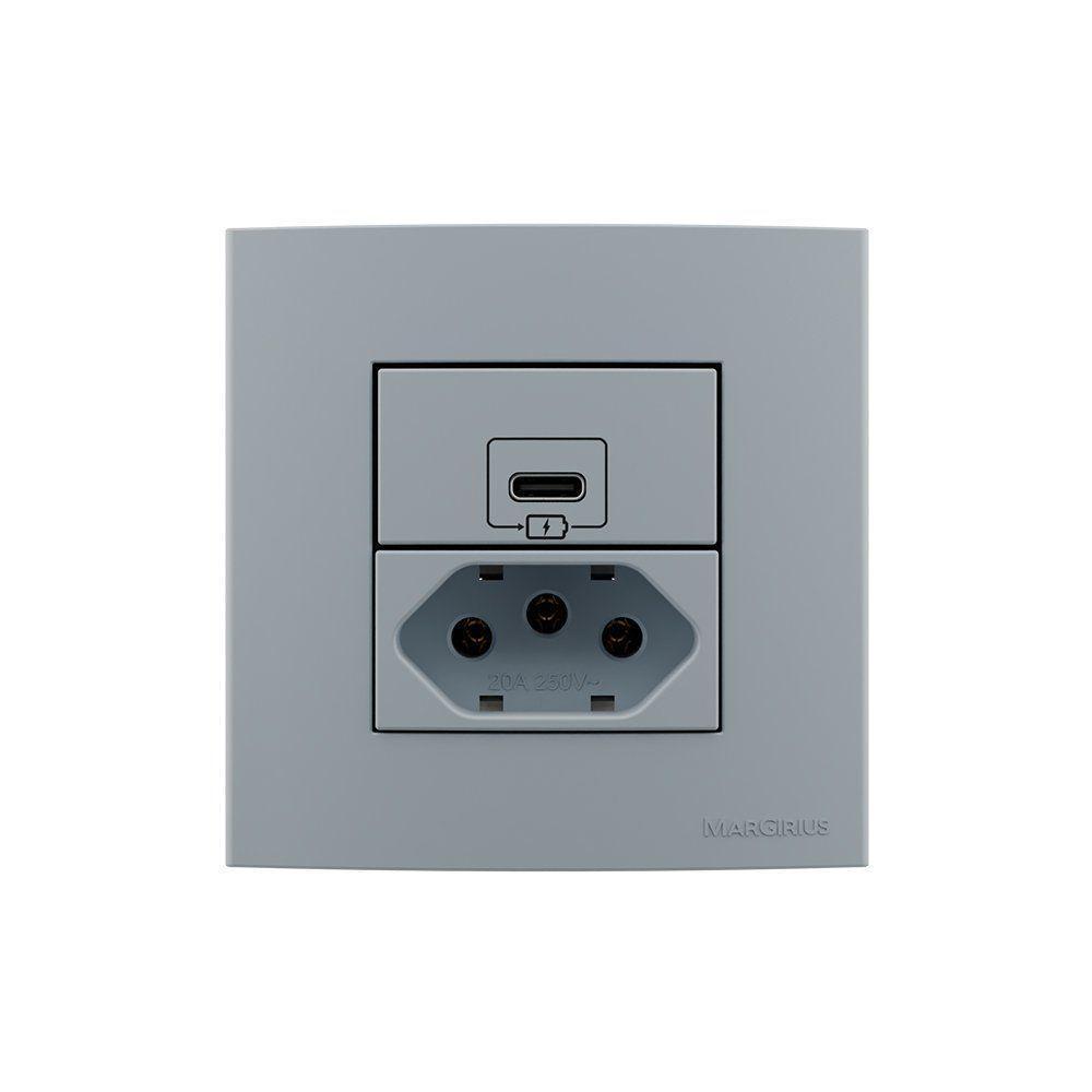 Placa Para Móveis 80x80 Com Tomada Usb-c 2a 10w E Tomada 2p+t 20a Margirius Sleek Cinza Cinza