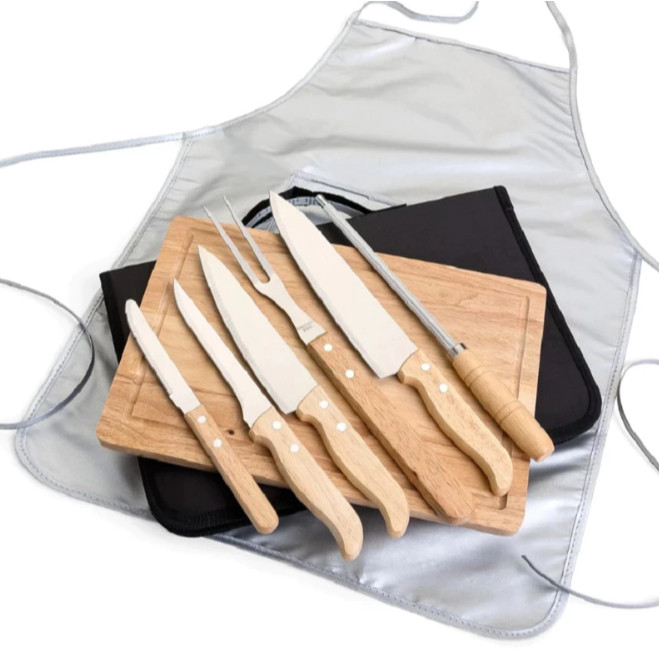 Kit Jogo 8 Pc P/churrasco Facas C/tábua E Avental Acessorios