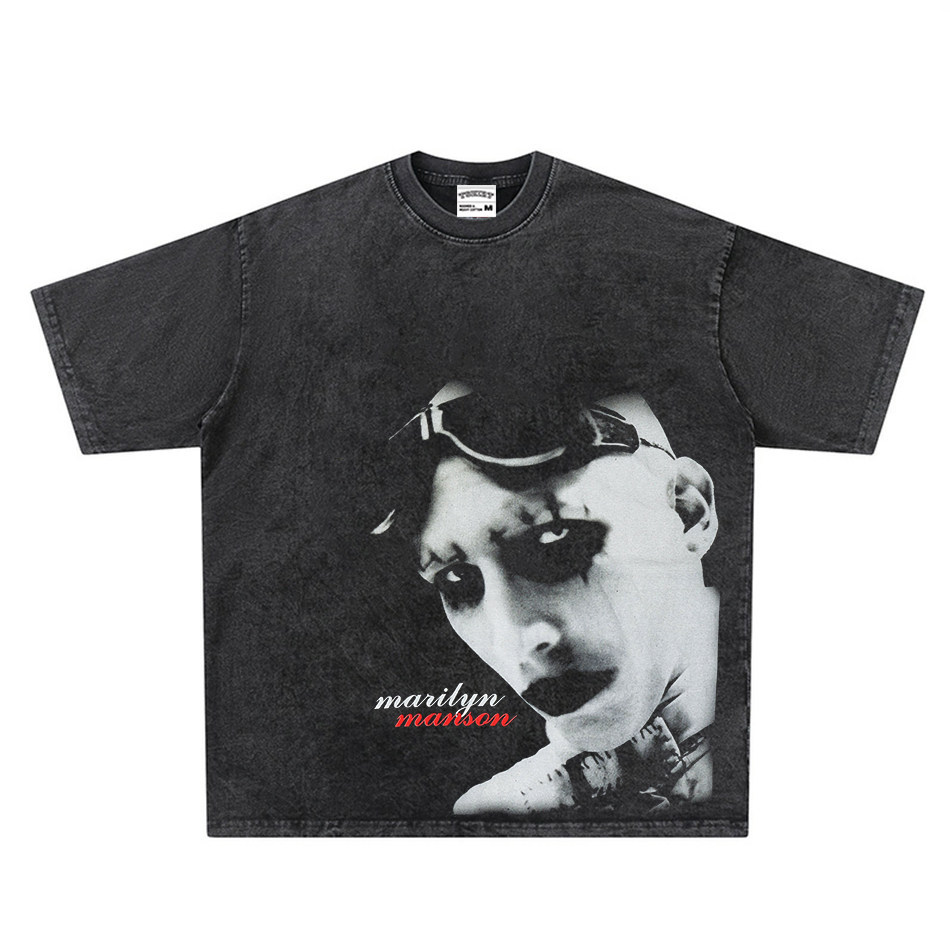 Camiseta Com Estampa Estética Brutalista Industrial | Tema Marilyn Manson , Textura Vintage Lavada Manga Curta 526