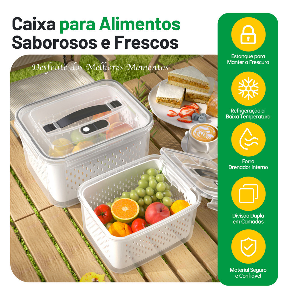 Kit 4 Potes Herméticos Com Escorredor Organizador Geladeira Frutas Legumes Freezer Plastico Empilhável