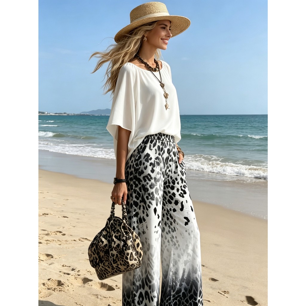Conjunto De Roupas Femininas De 2 Peças Com Estampa De Leopardo Chiffon Calças Largas Manga Sino Branca Top Saindo Causa