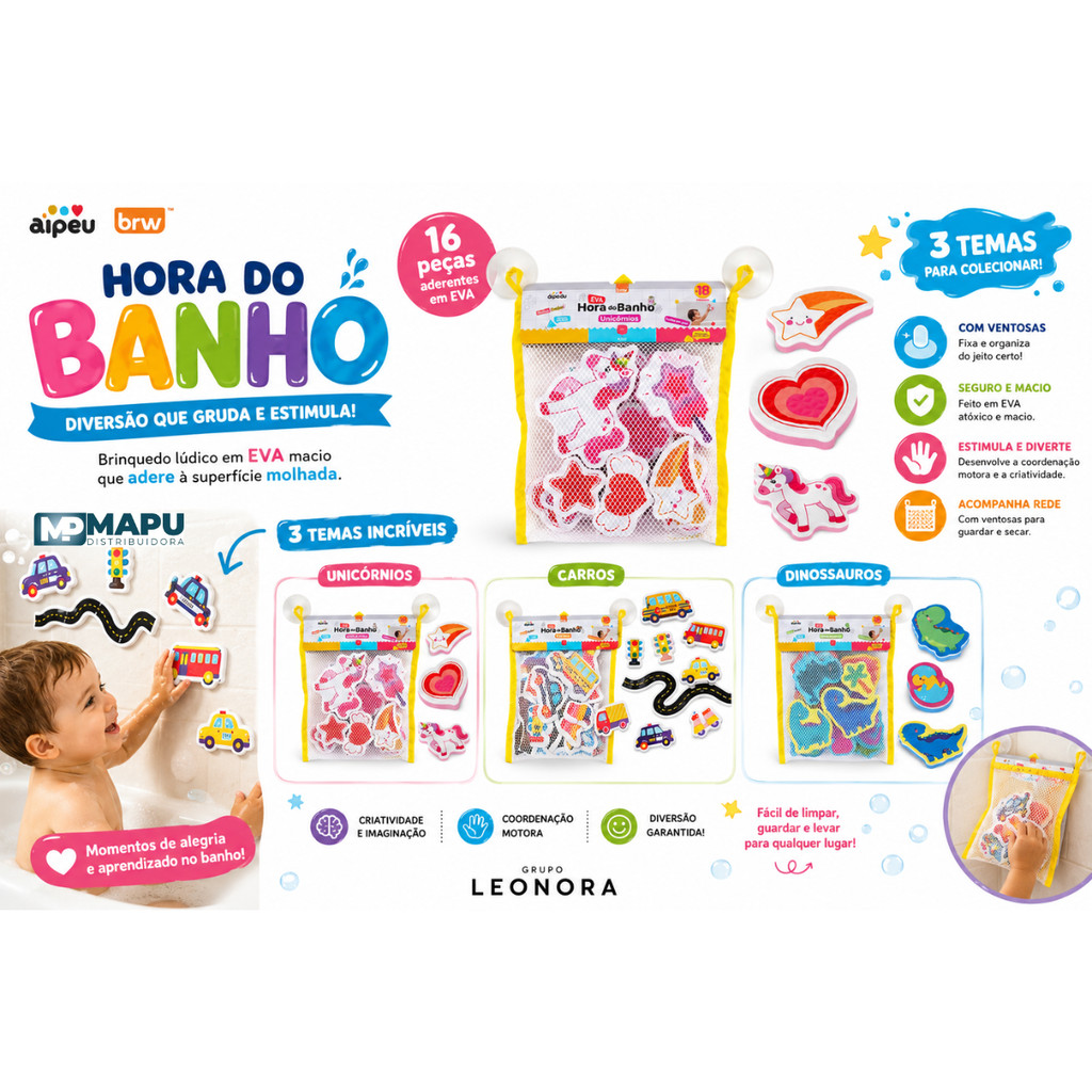Brinquedo Lúdico Hora Do Banho Carros, Unicórnios ou Dino - 16 Pçs Aderentes Em Eva