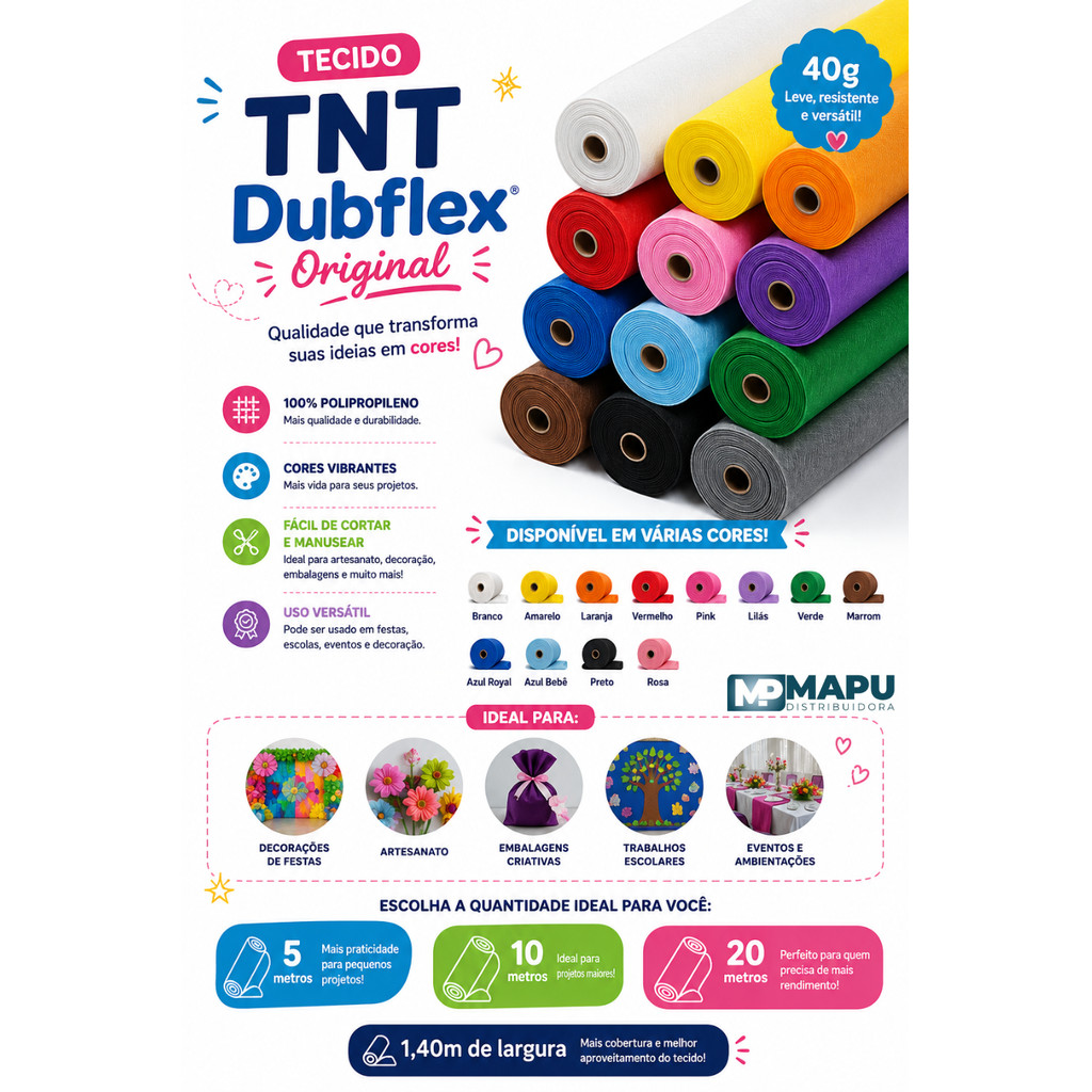 Tecido TNT Dubflex Original 40g - 1,40m de Largura com opções de 5, 10 ou 20 metros- Várias Cores!