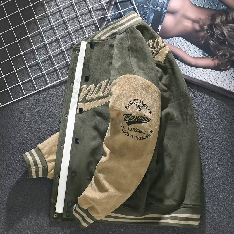 [Estilo mais vendido] Camisa de camurça com Pompom masculina jaqueta retrô americana solta Top bordado jaqueta Bomber [e